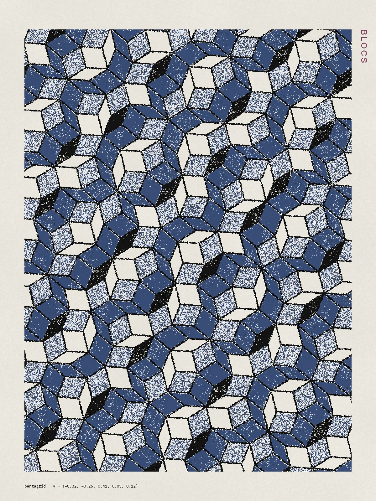 Blocs, a poster: Penrose tiling, lifted into 3D