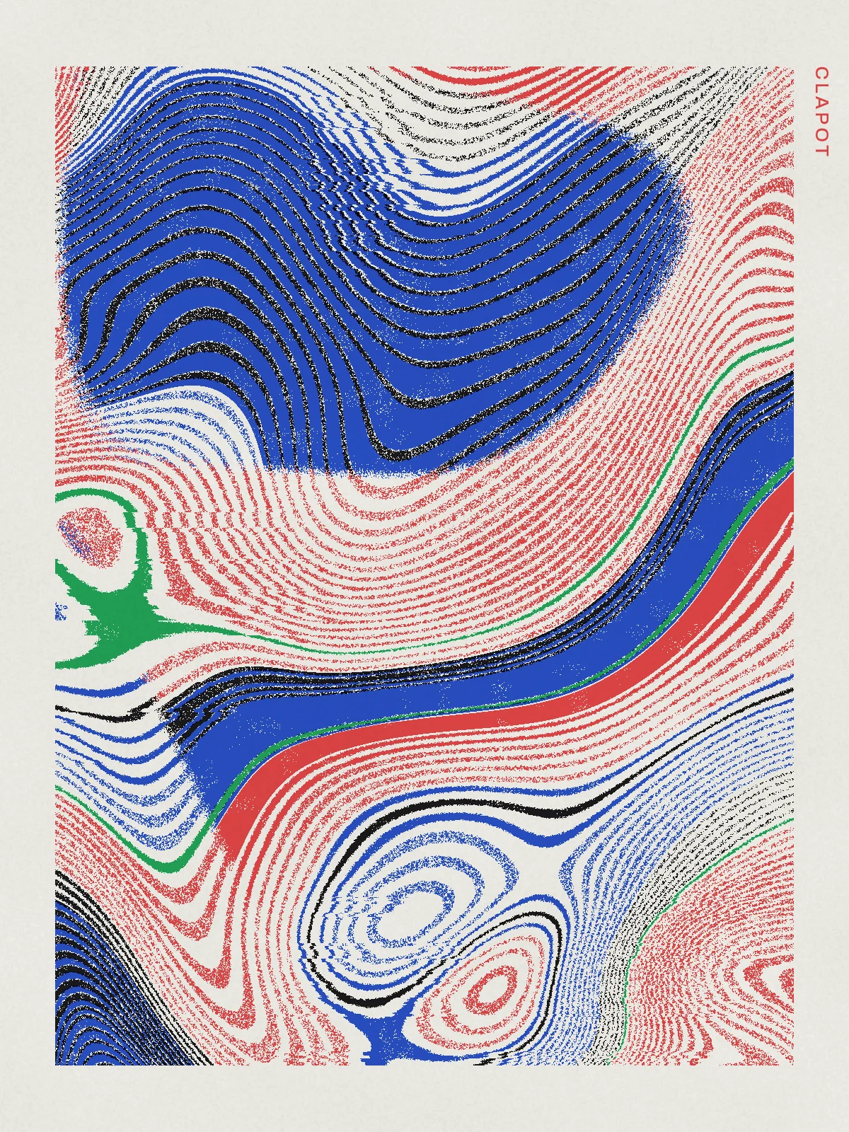 Clapot, a poster: Domain-warped noise, contoured